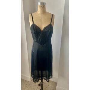 Vanity Fair Vintage Black Tricot Slip with Lace Small